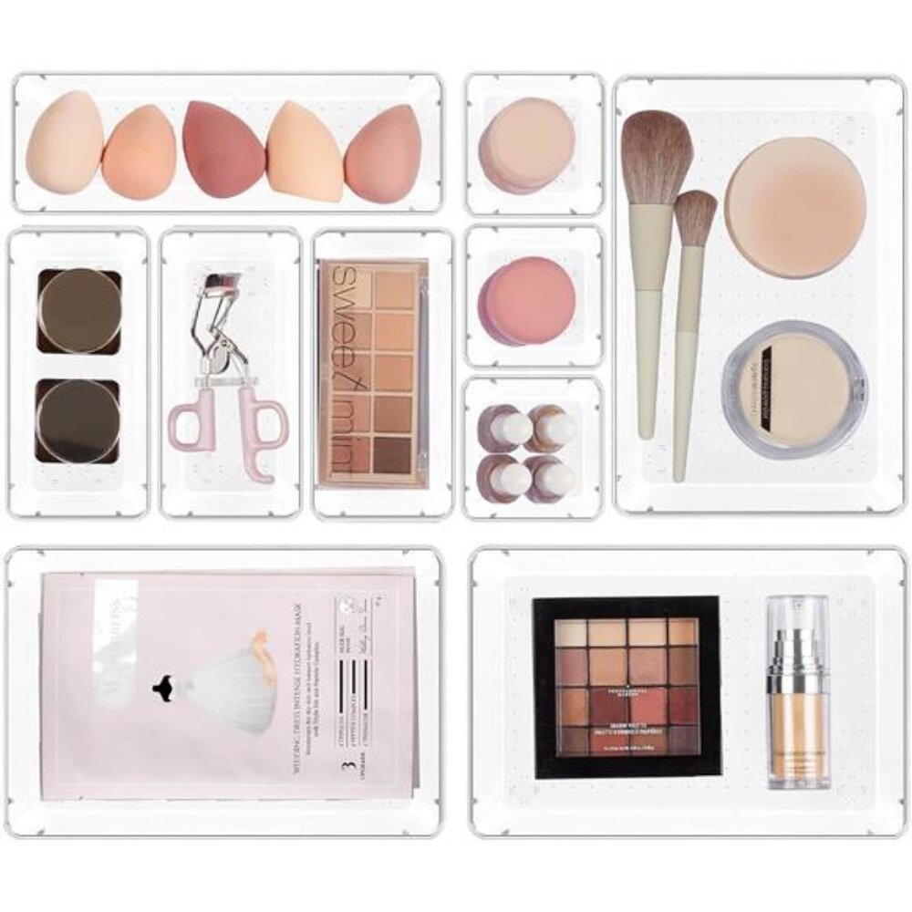 Clear Makeup Drawer Organizer Bins Vanity Storage Trays Plastic Stackable 10pcs